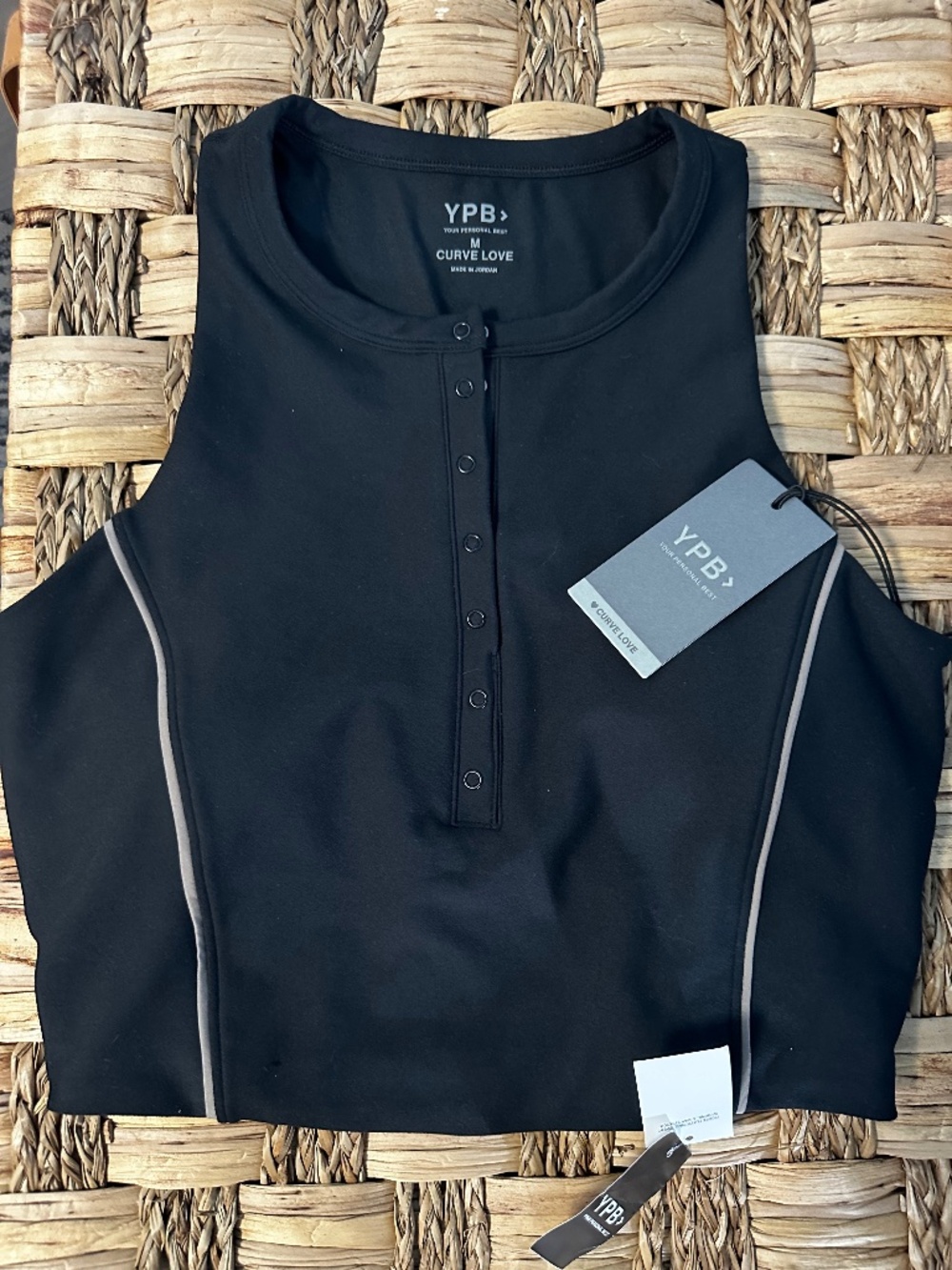 NWT YPB sculptLUX Curve Love Plunge Henley Slim Tank, Onyx Pinstripe, Size M